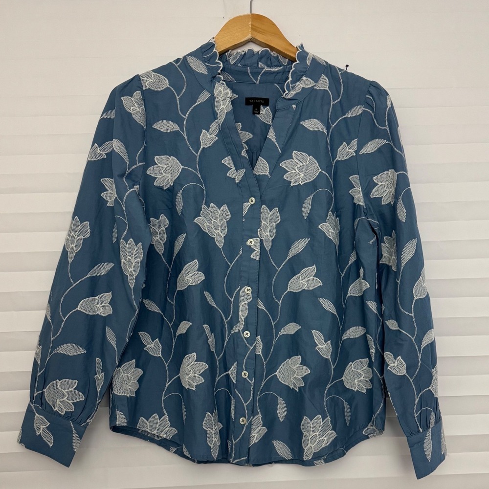 Talbots Blue Floral Embroidered Ruffle Neck Cotton Down Blouse M Office